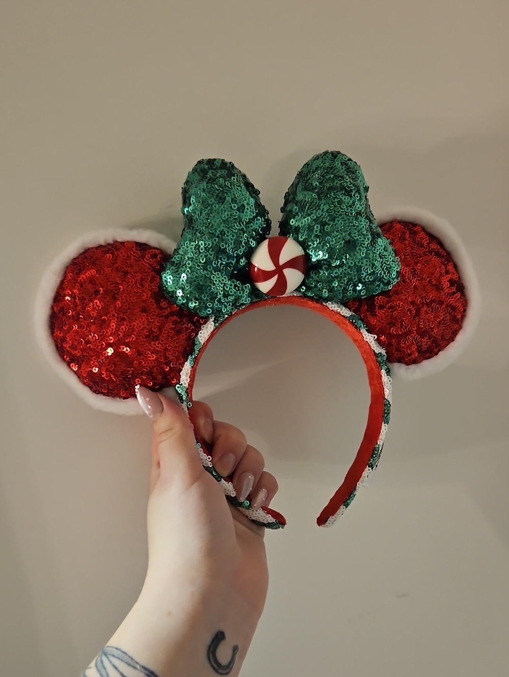 Disney Holiday Sequin Mouse Ear Headband - Green Bow & Red Ears
